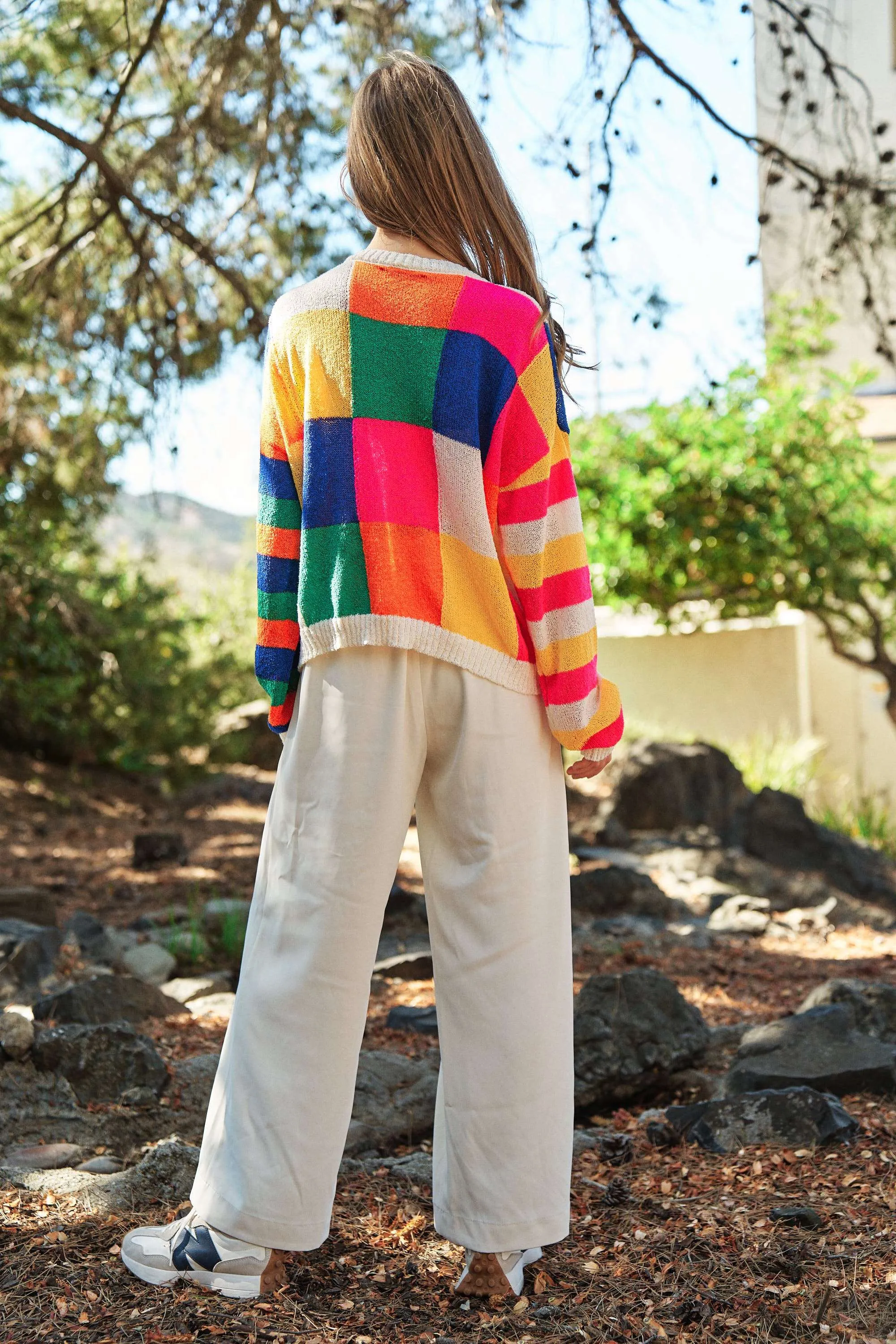 PLUS LIGHT WEIGHT CHECKERBOARD PULLOVER SWEATER: NEON MULTI