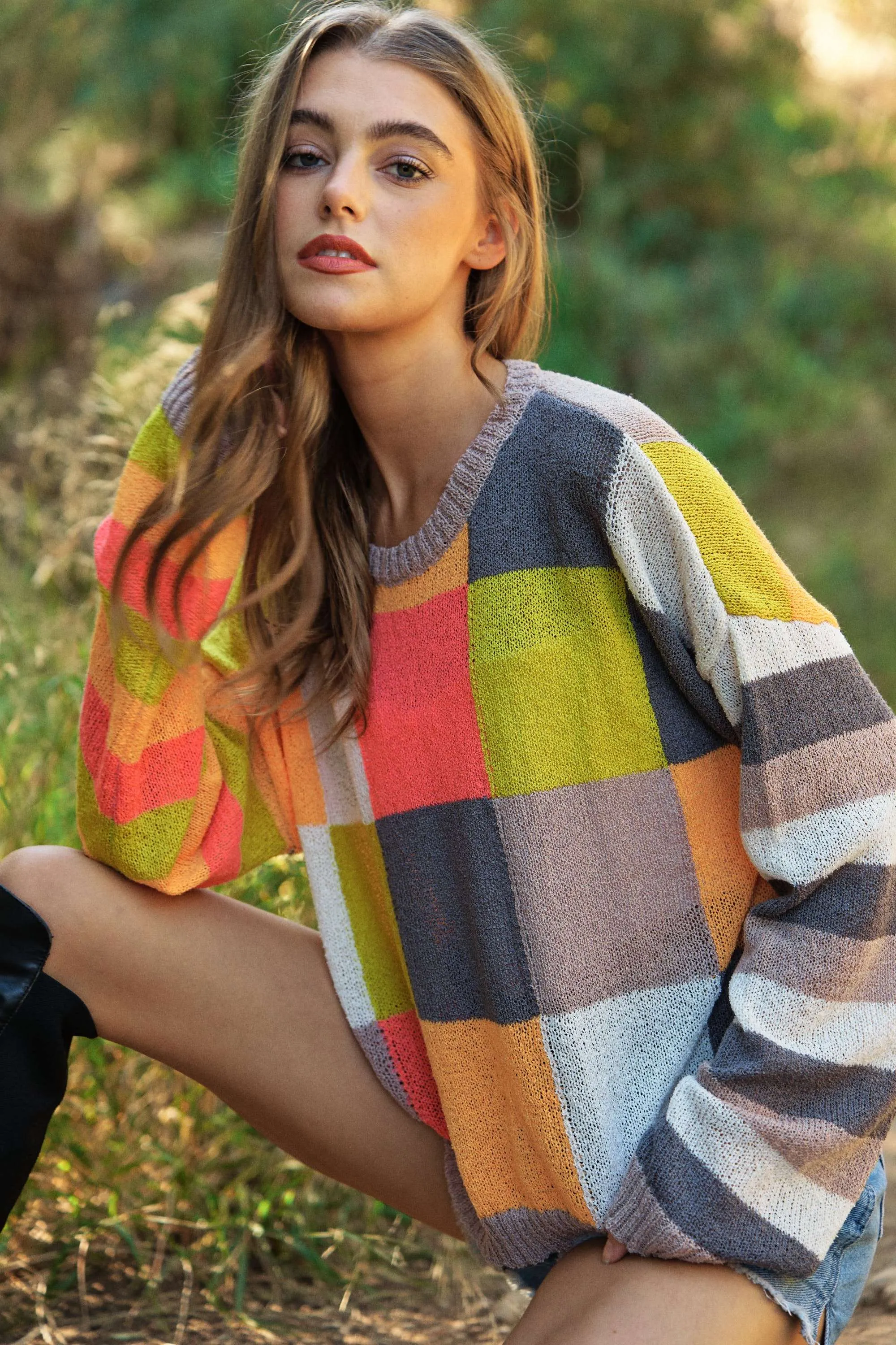 PLUS LIGHT WEIGHT CHECKERBOARD PULLOVER SWEATER: NEON MULTI