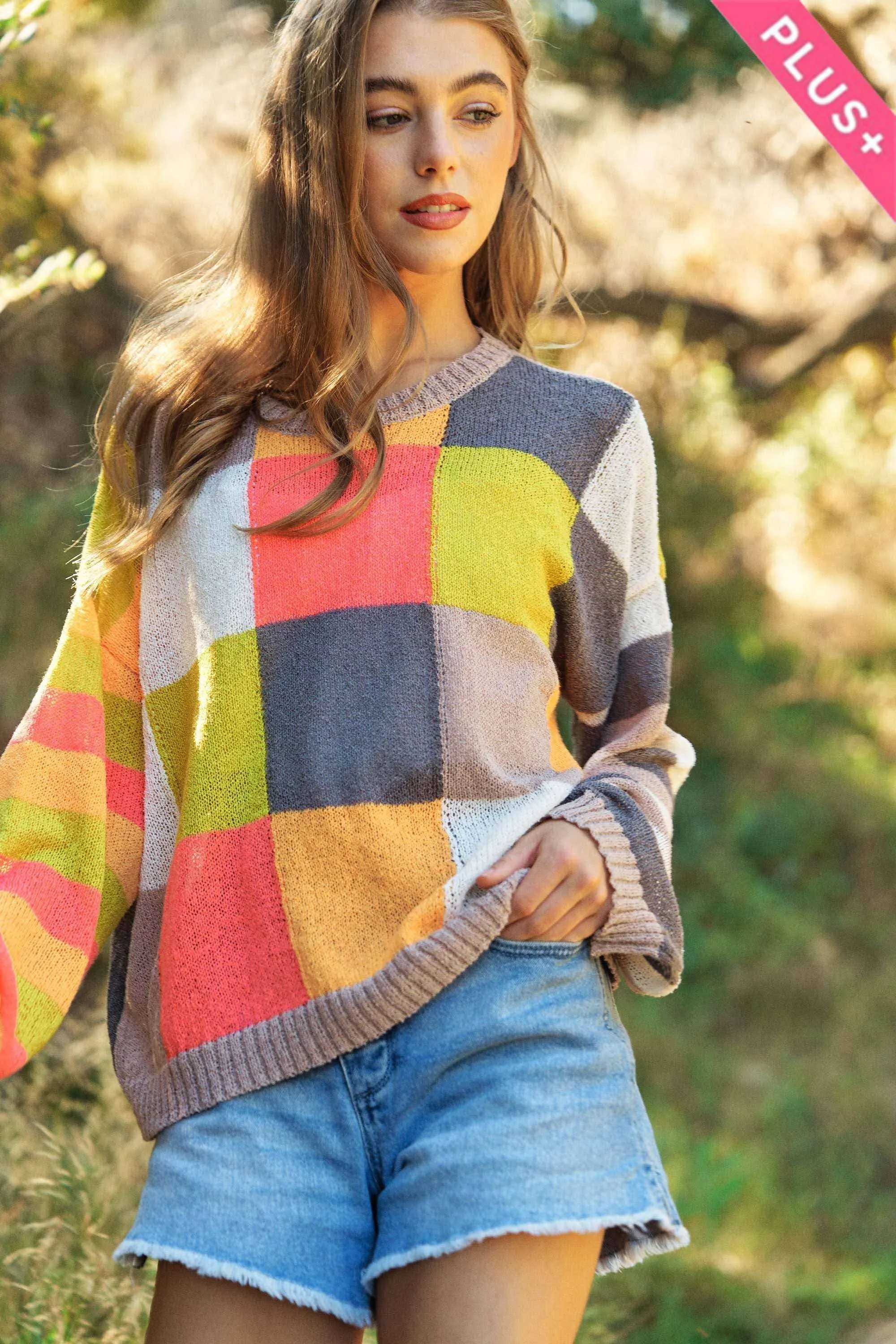 PLUS LIGHT WEIGHT CHECKERBOARD PULLOVER SWEATER: NEON MULTI