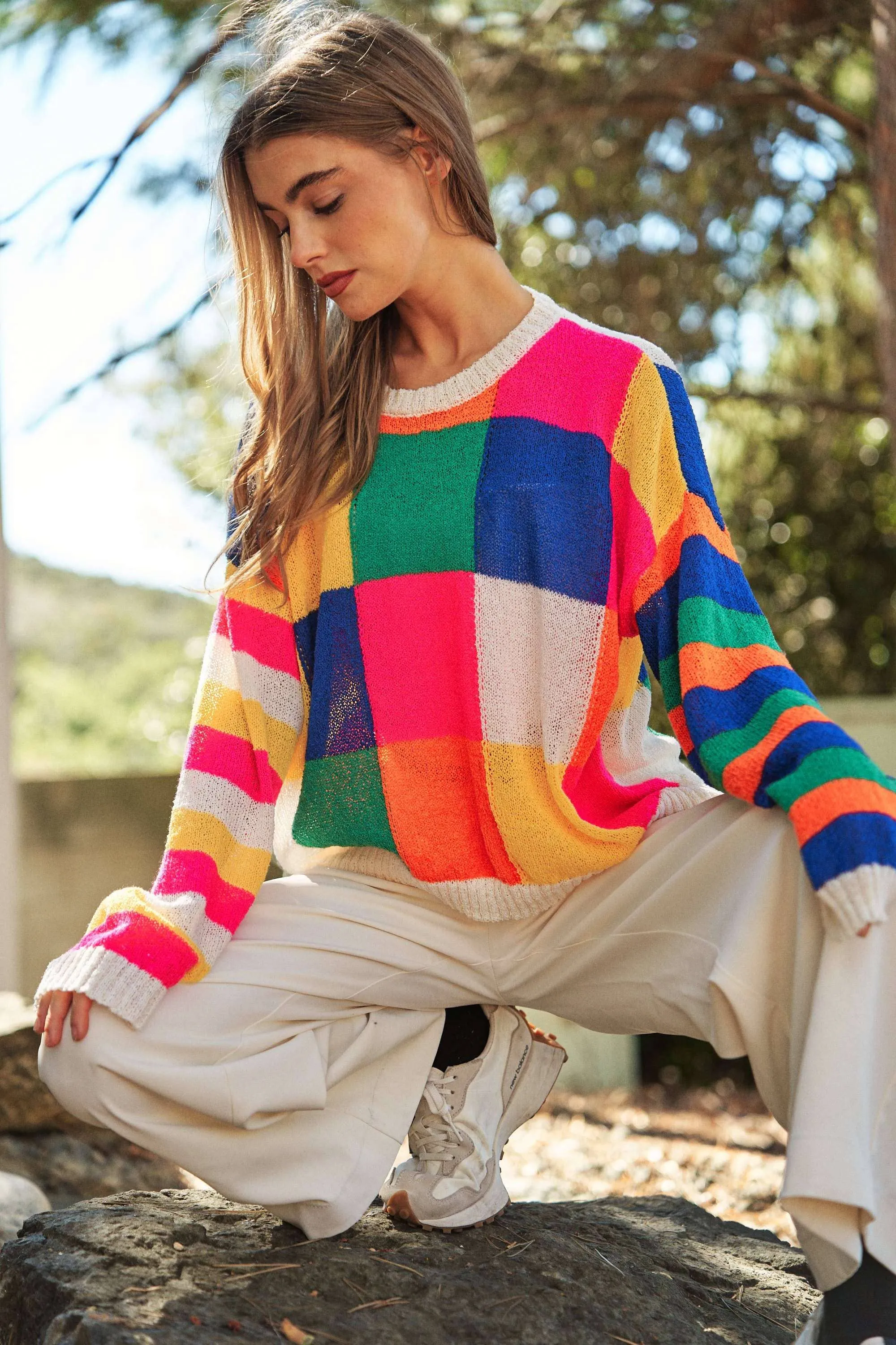 PLUS LIGHT WEIGHT CHECKERBOARD PULLOVER SWEATER: NEON MULTI