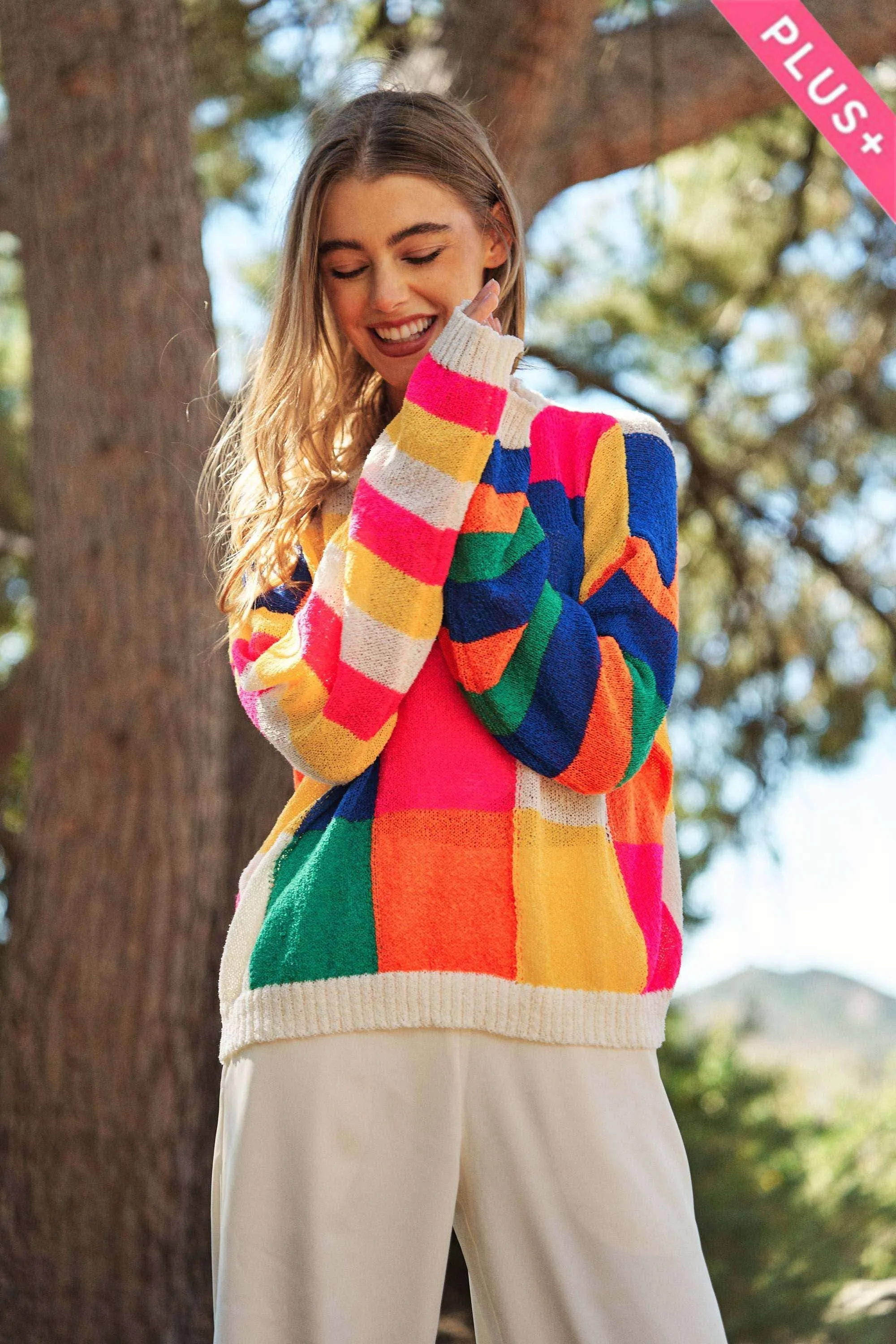 PLUS LIGHT WEIGHT CHECKERBOARD PULLOVER SWEATER: NEON MULTI