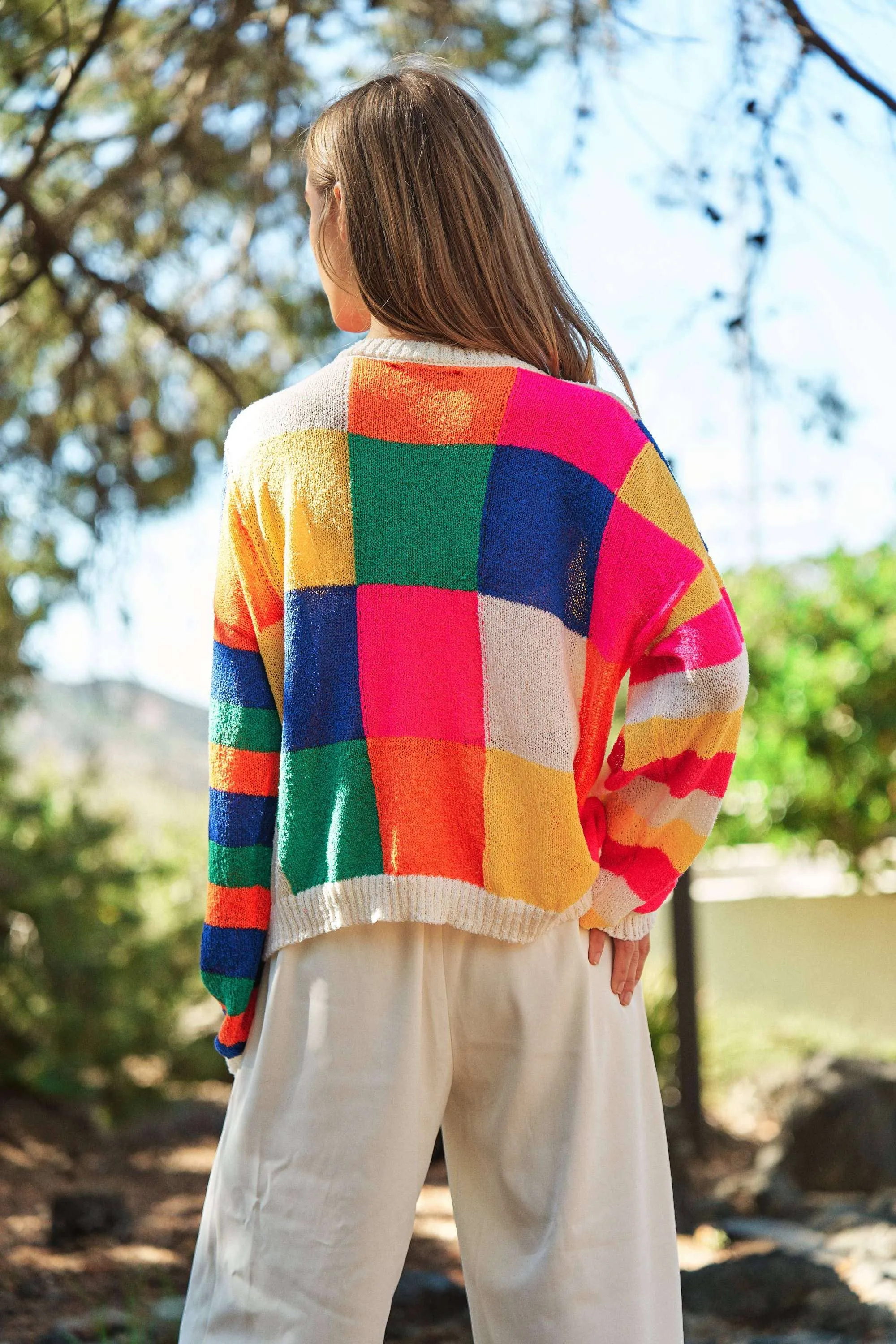 PLUS LIGHT WEIGHT CHECKERBOARD PULLOVER SWEATER: NEON MULTI