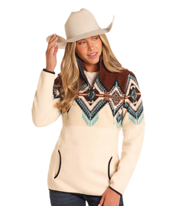 Powder River Women's Cream & Brown Aztec Border Berber 1/4 Zip Pullover DW91C04069