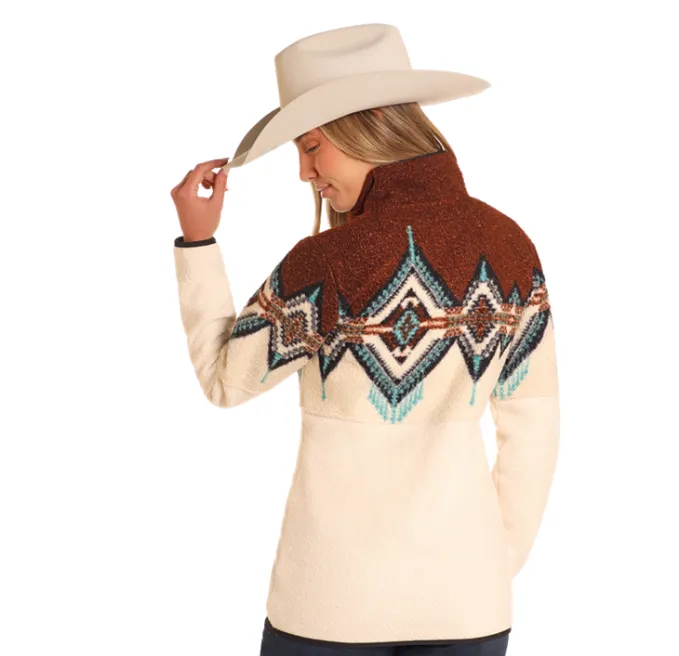 Powder River Women's Cream & Brown Aztec Border Berber 1/4 Zip Pullover DW91C04069