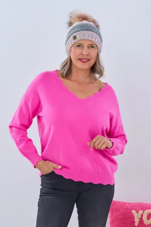 Pulli mit gezacktem V-Ausschnitt, pink