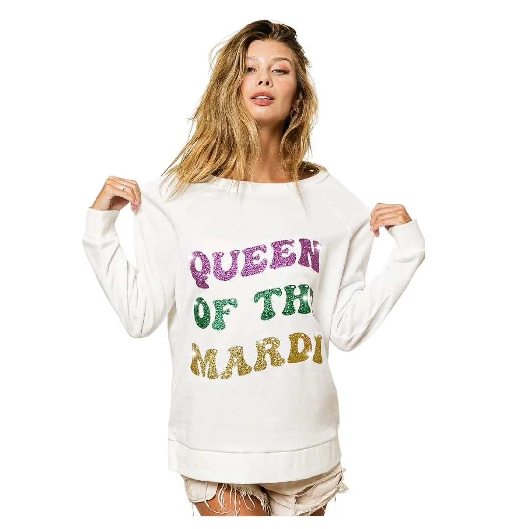 Queen Of The Mardi Glitter Print Mardi Gras White Long Sleeve Pullover (Each)