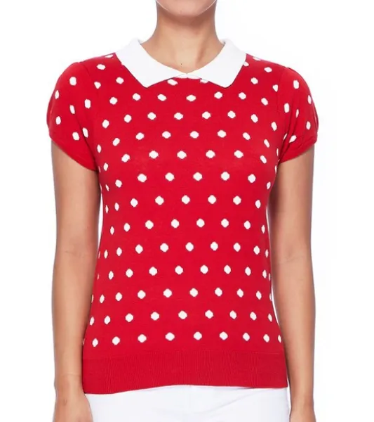 Red & White Polka Dot Short Sleeve Sweater