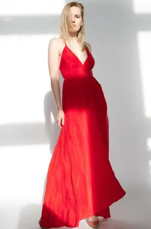 Red Cupro Silk Trapeze Dress/open Back long dress/ one size