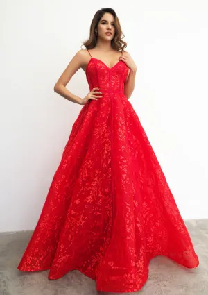 Red organza lace computer tulle princess dress with lace up back