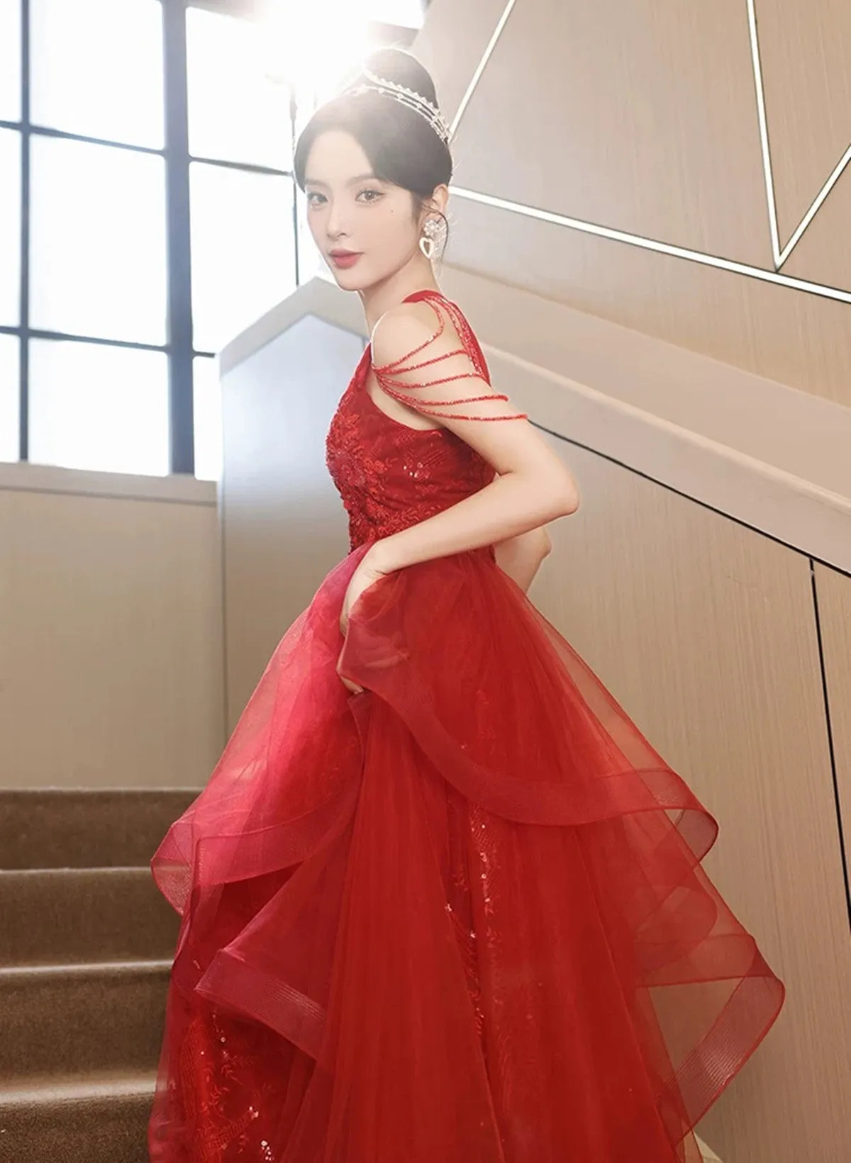 Red Tulle Halter A-line Long Evening Dress, Red Tulle Prom Dress Party Dress