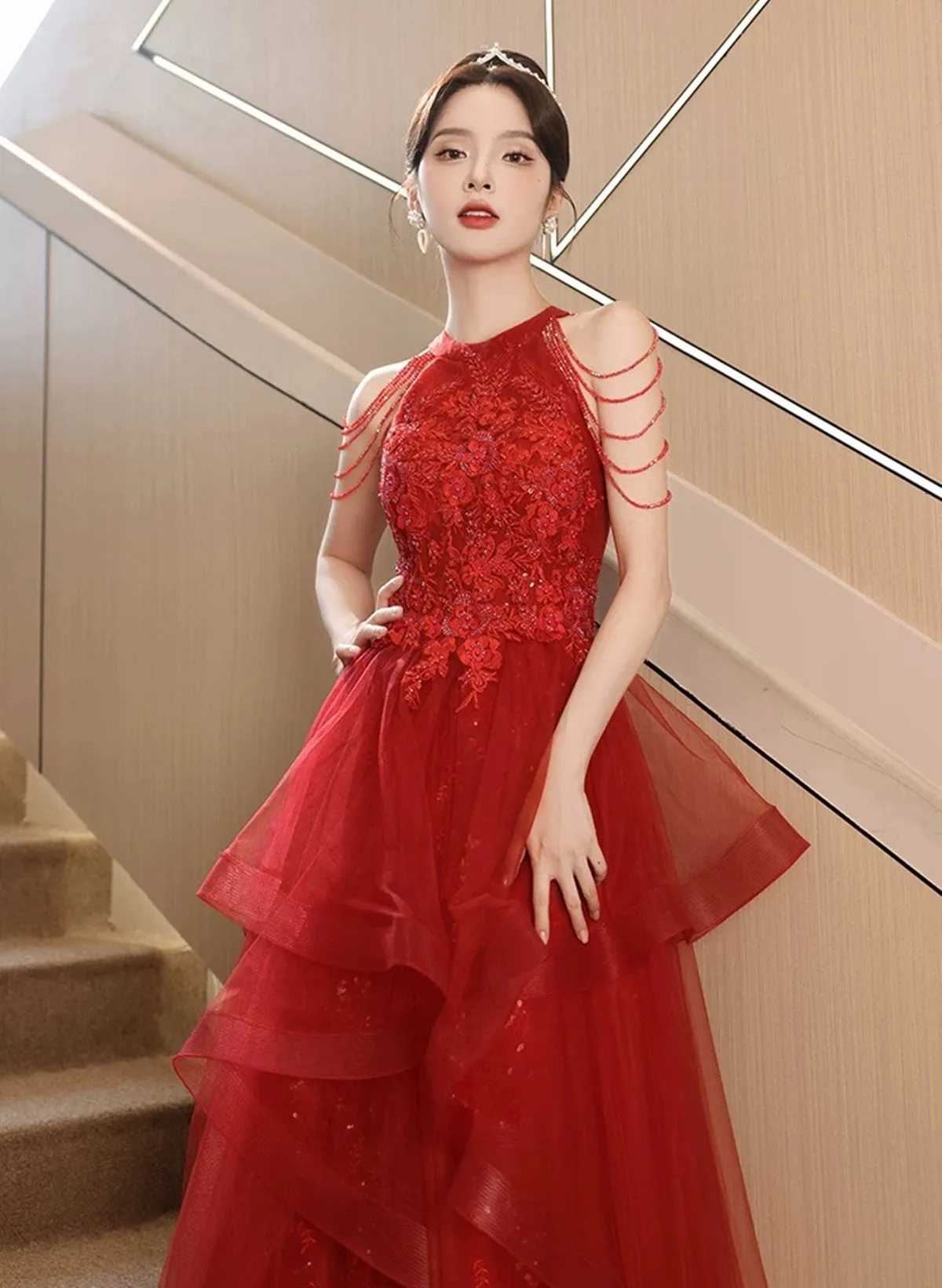 Red Tulle Halter A-line Long Evening Dress, Red Tulle Prom Dress Party Dress