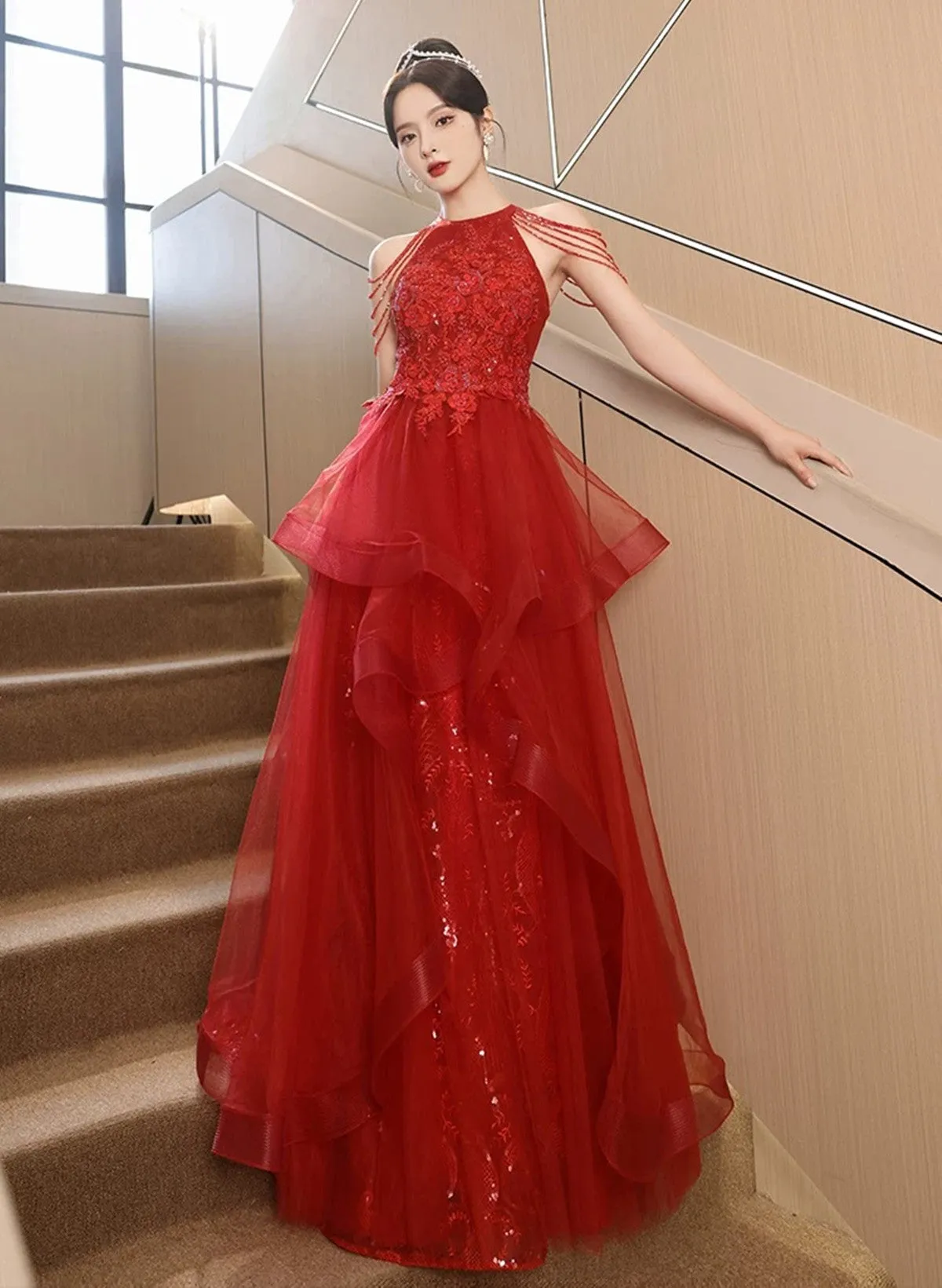 Red Tulle Halter A-line Long Evening Dress, Red Tulle Prom Dress Party Dress