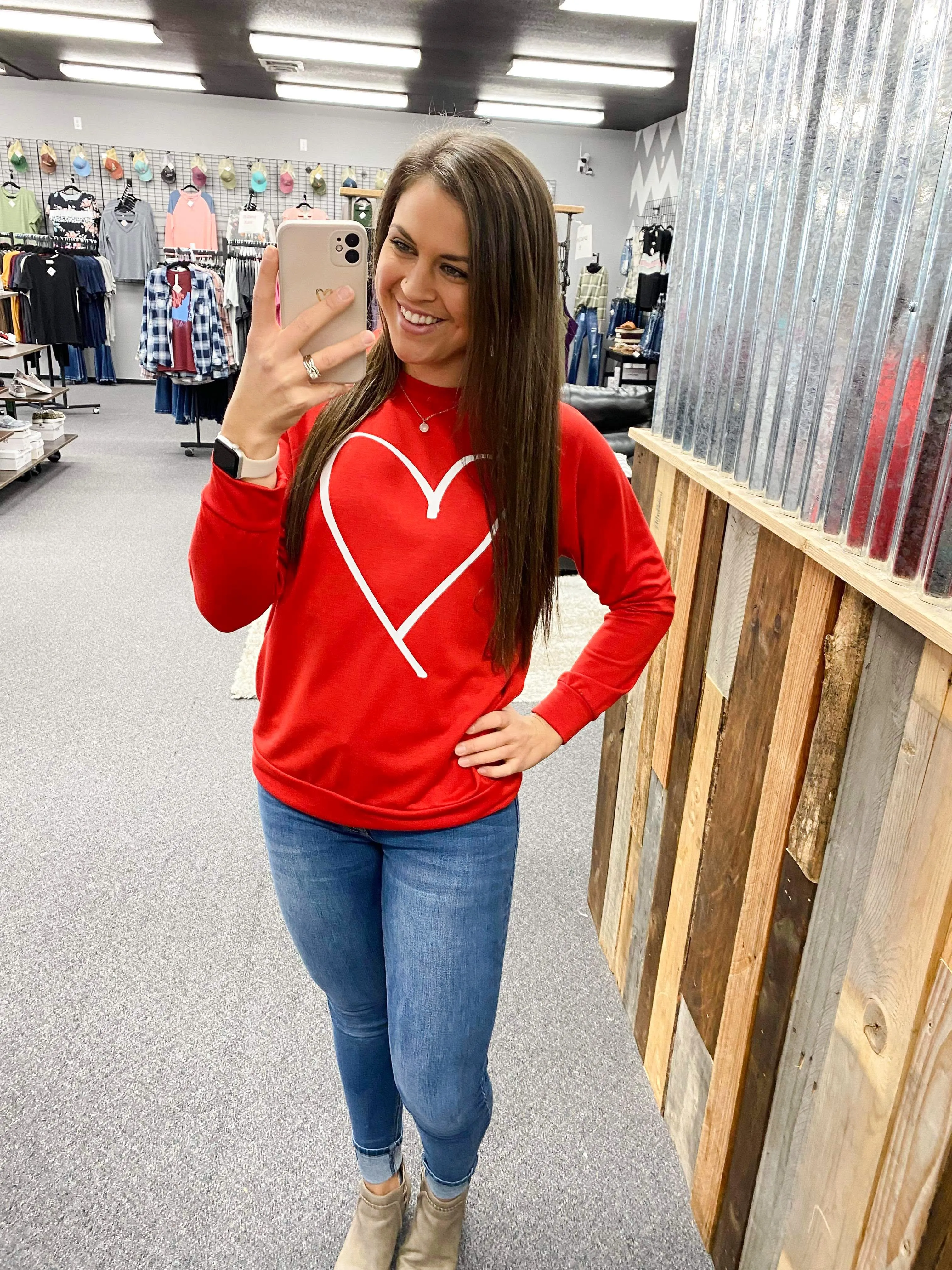 Red White Heart Crew Neck Pullover (SM-2X)