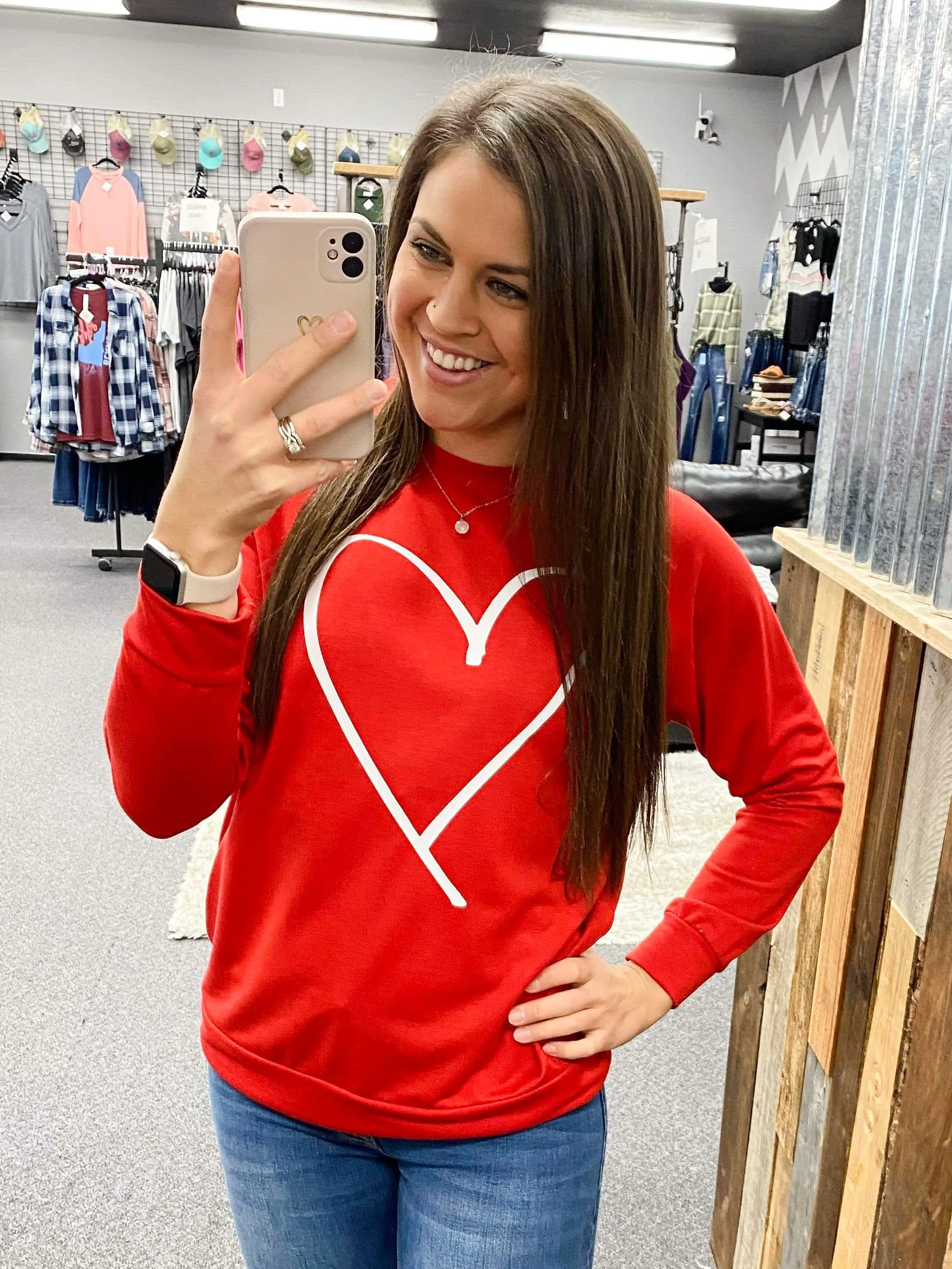 Red White Heart Crew Neck Pullover (SM-2X)