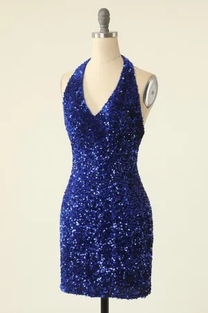 Royal Blue Sequin Halter Open Back Short Homecoming Dress    fg3516