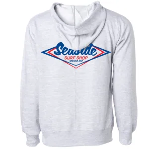 Seaside Surf Shop Mens Vintage Logo Hooded Pullover Sweatshirt - Grey Heather/Red Blue