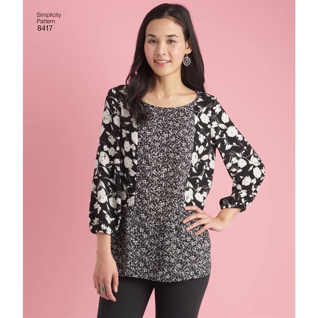 Simplicity Pattern 8417 Women's Pullover Tops with Sleeve and Fabric Variations