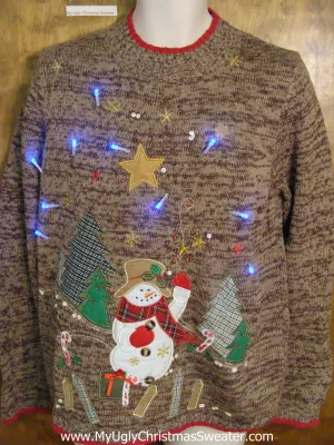 Snowman and Plaid Trees Brown Tacky Xmas Sweater with Lights