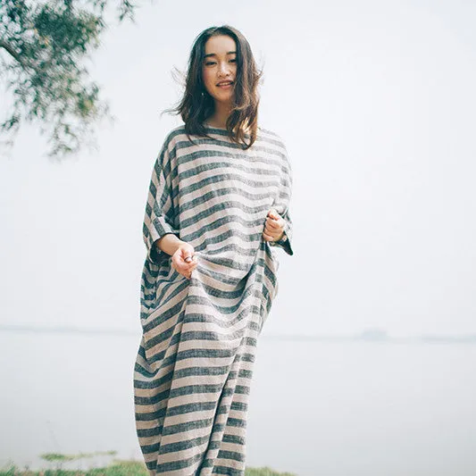 Stripe dress , Linen kaftan/ caftan plus size clothing/ women linen maxi dress/ batwing sleeve loose rope,bust >160cm/60”