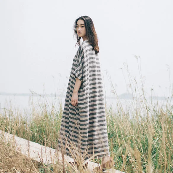 Stripe dress , Linen kaftan/ caftan plus size clothing/ women linen maxi dress/ batwing sleeve loose rope,bust >160cm/60”