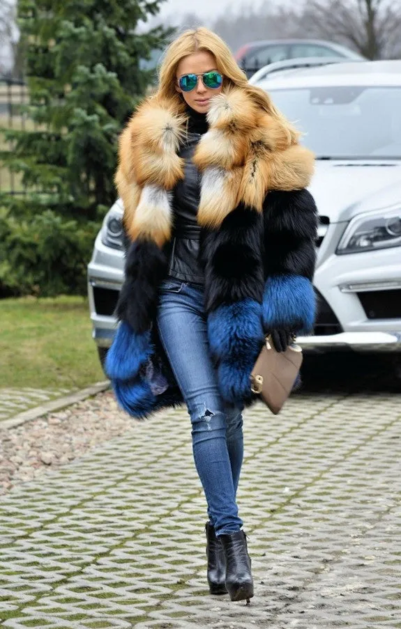 Thick Gold Black Blue Real Fox Fur Coat