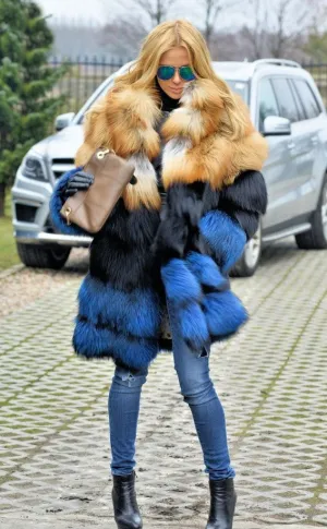 Thick Gold Black Blue Real Fox Fur Coat