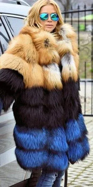 Thick Gold Black Blue Real Fox Fur Coat