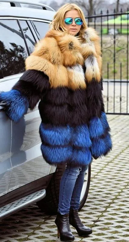 Thick Gold Black Blue Real Fox Fur Coat