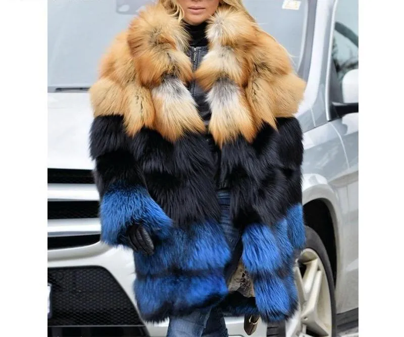 Thick Gold Black Blue Real Fox Fur Coat