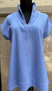 Top Pullover 1/4 Sleeve Collared V Neck Blue Women's L1680