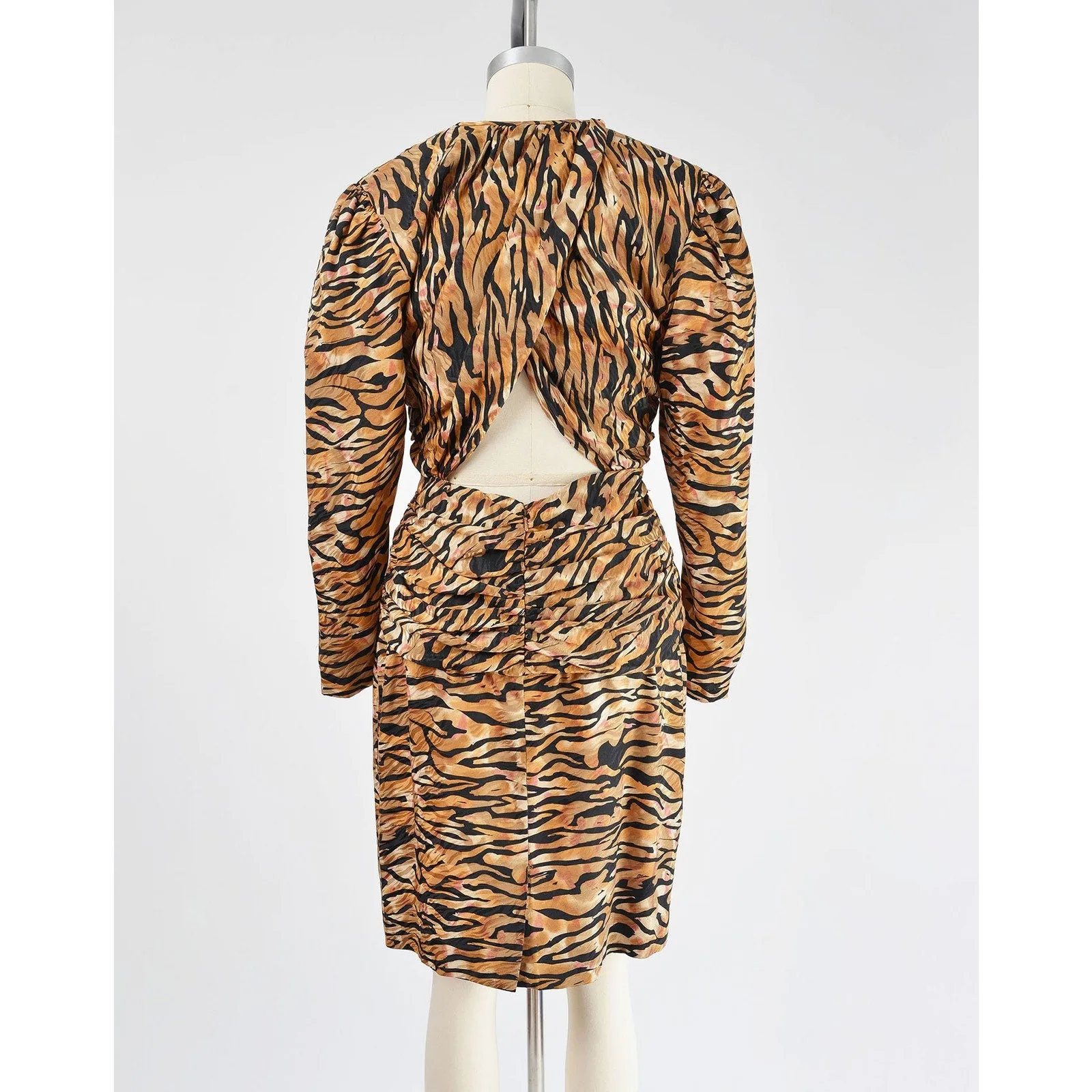 Vintage 80s Lillie Rubin Silk Animal Print Puff Sleeve Cut Out Cocktail Dress S