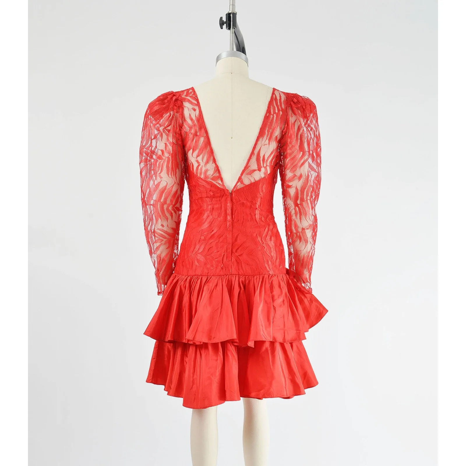 Vintage 80s Red Sheer Lace Drop Waist Ruffle Puff Sleeve Party Dress with Bow size Small