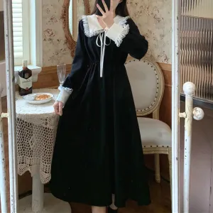 Vintage Dress Sweet Lace Peter Pan Collar Elegant Long Sleeve Lace-Up Korean Dress