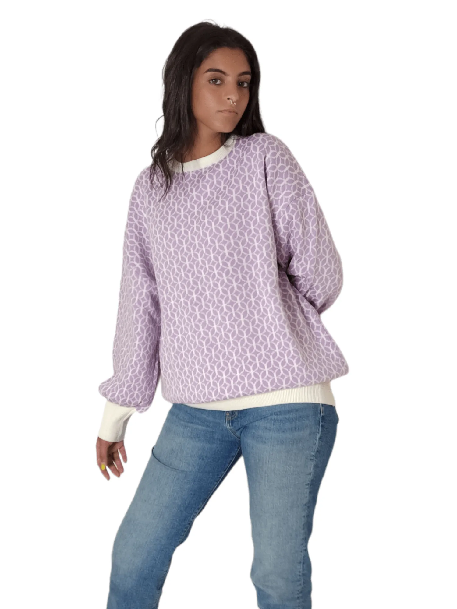 Women Long Pullover - Light Purple x White