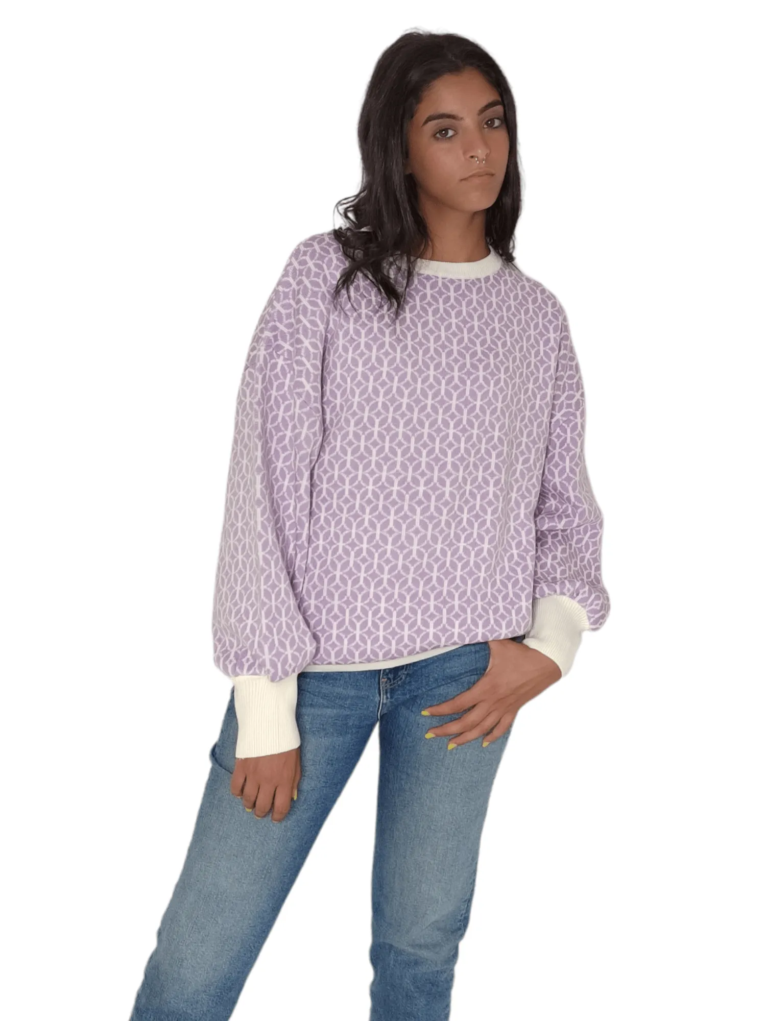 Women Long Pullover - Light Purple x White