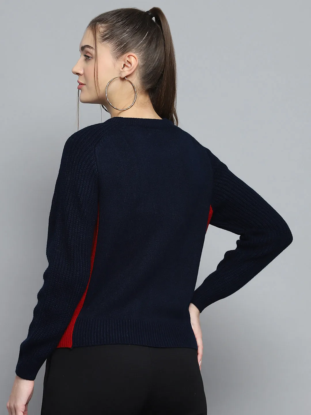 Women Navy Blue Solid Round Neck Full Sleeve Pullover