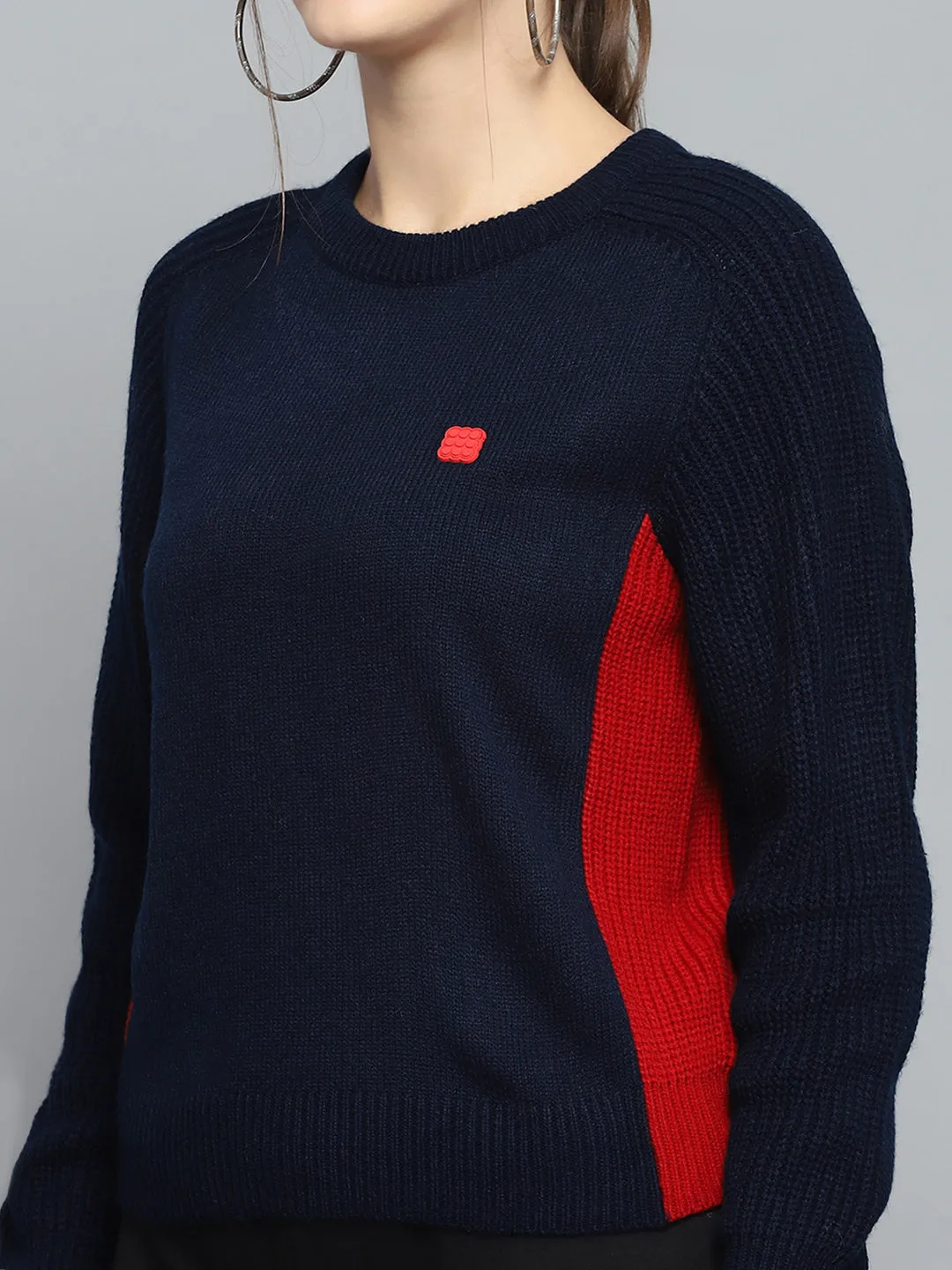 Women Navy Blue Solid Round Neck Full Sleeve Pullover