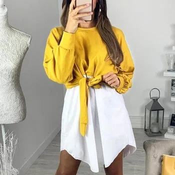 Women Patchwork High Waist Knot Long Sleeve Spring