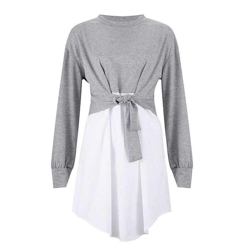 Women Patchwork High Waist Knot Long Sleeve Spring