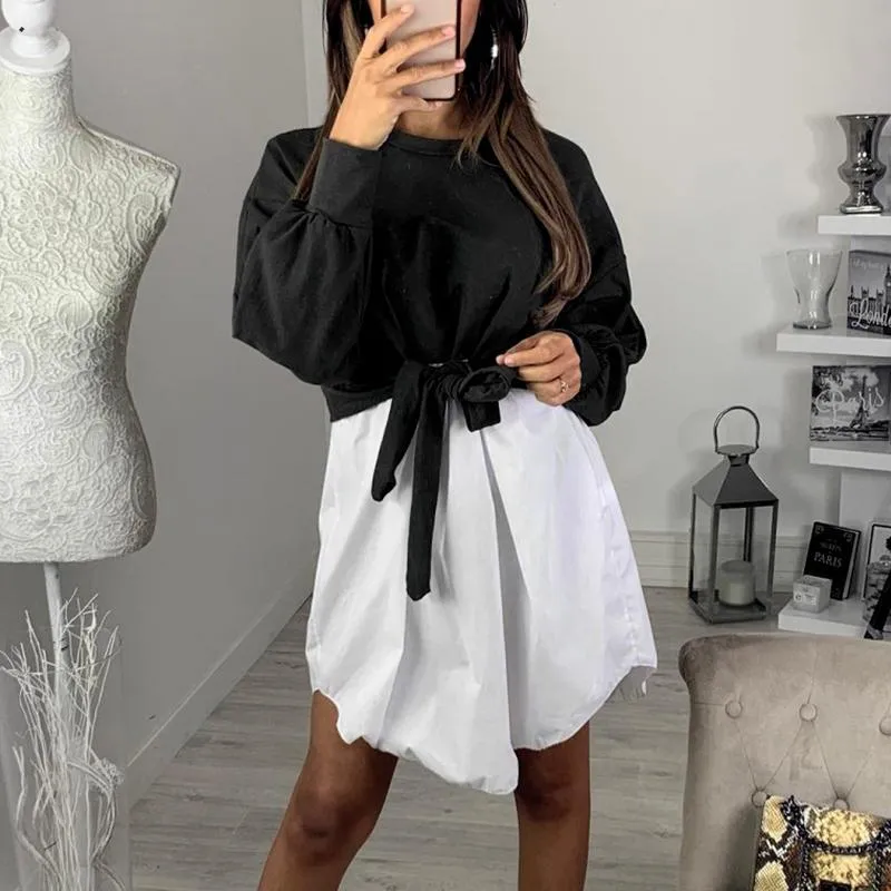 Women Patchwork High Waist Knot Long Sleeve Spring