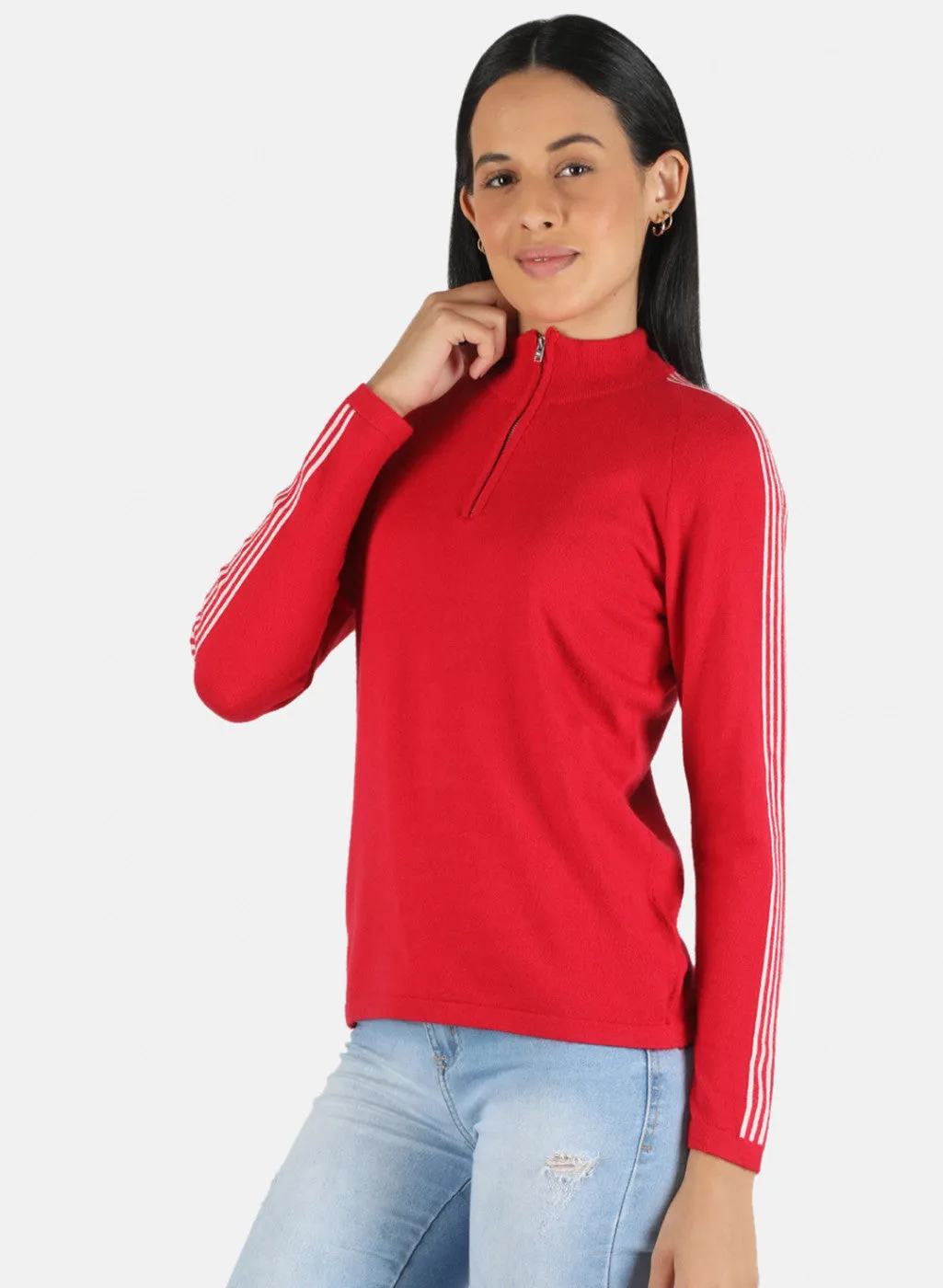 Women Red Self Design Pullover