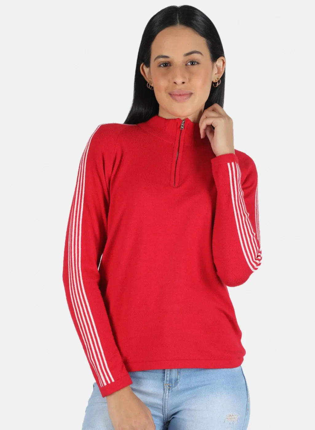 Women Red Self Design Pullover