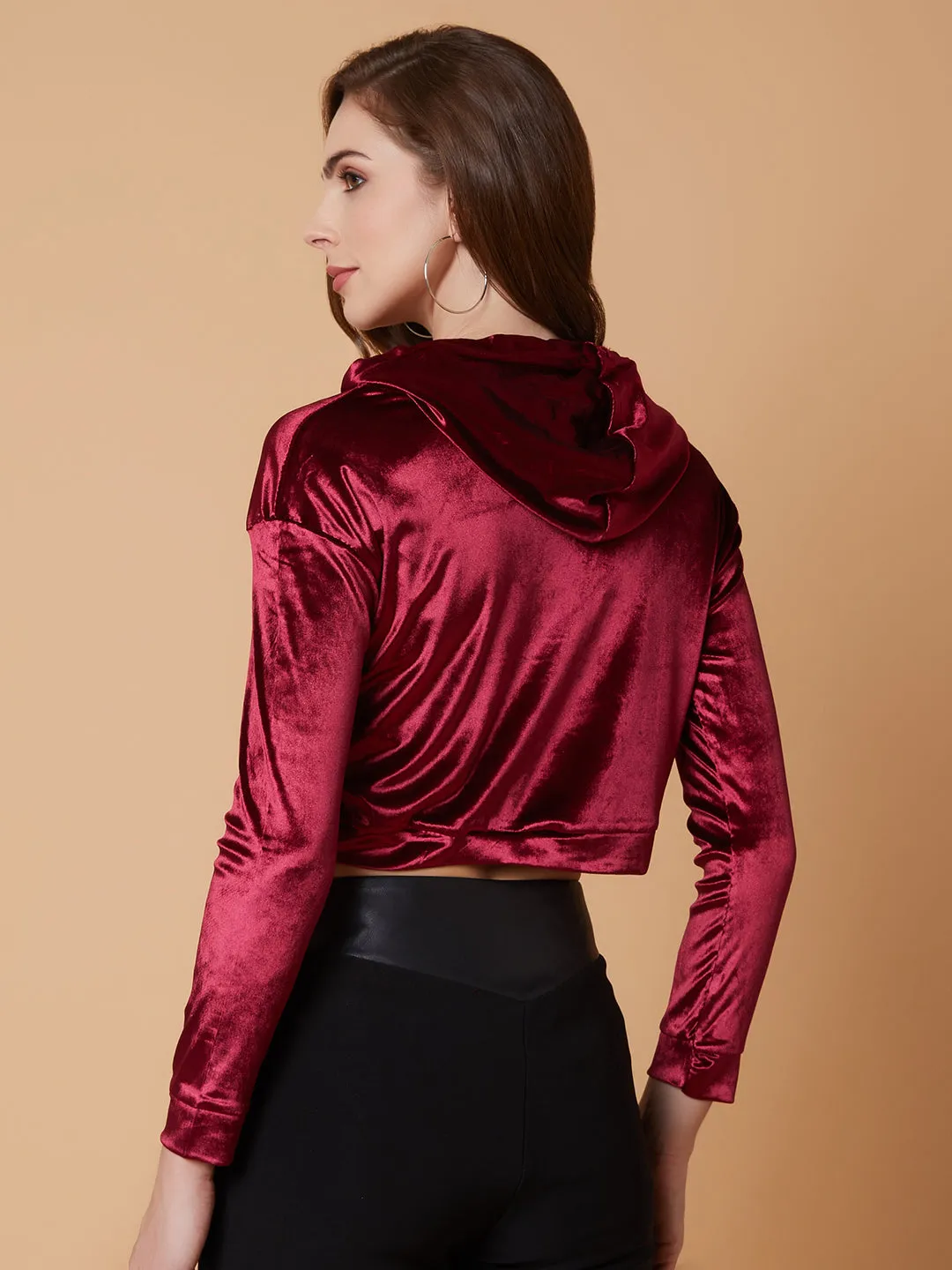 Women Solid Maroon Drop Shoulder Crop Pullover