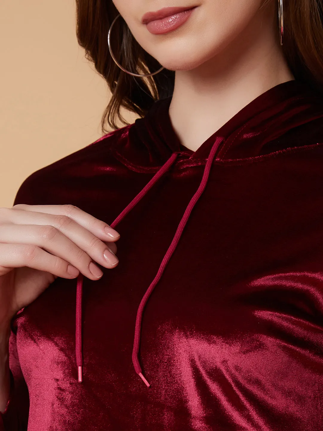 Women Solid Maroon Drop Shoulder Crop Pullover