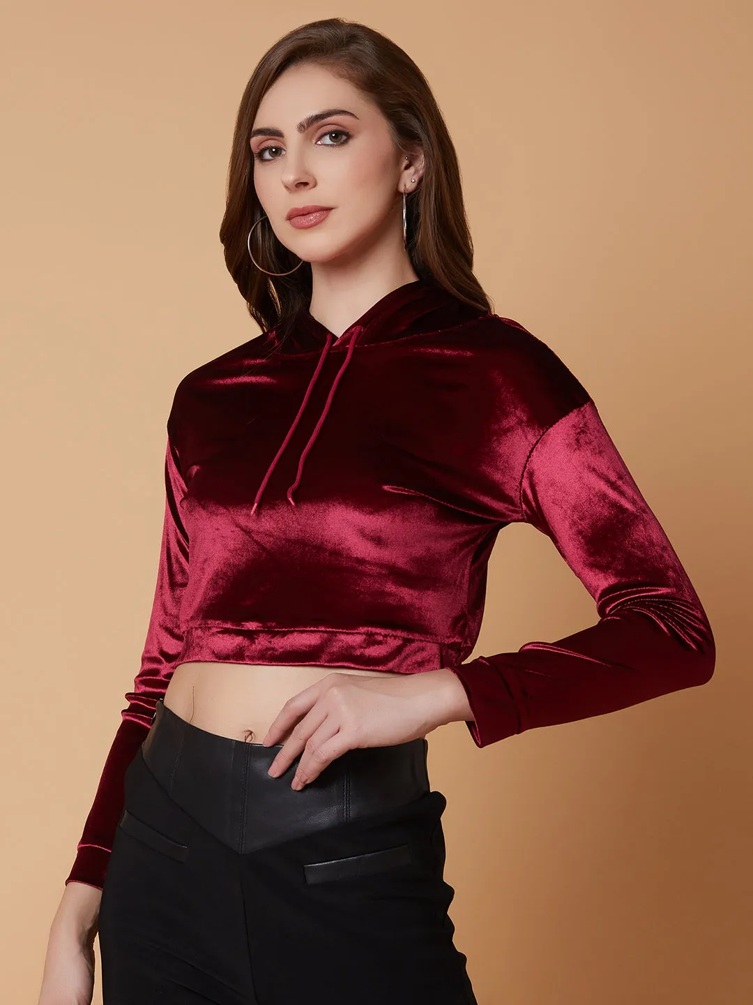 Women Solid Maroon Drop Shoulder Crop Pullover