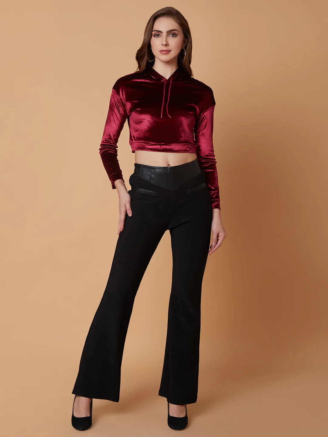 Women Solid Maroon Drop Shoulder Crop Pullover