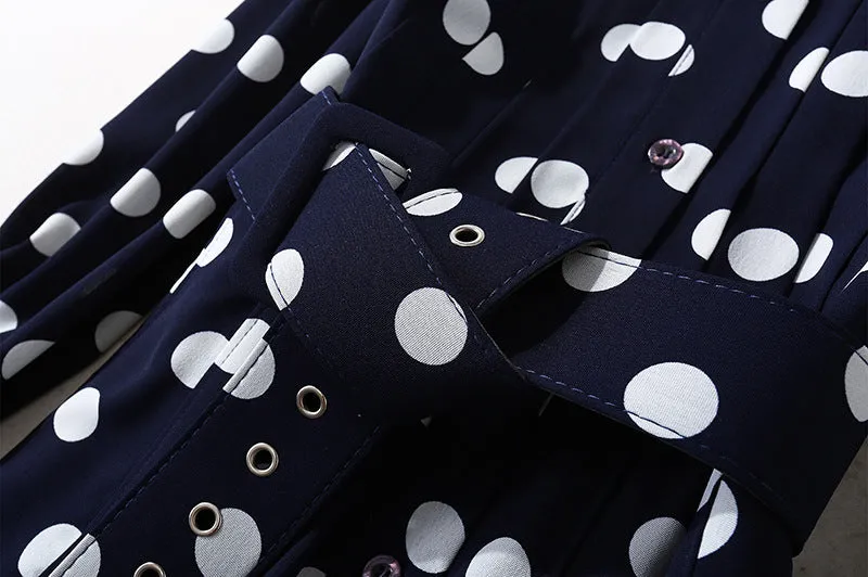 Women's Dark Blue Polka Dot Long Shirt Dress