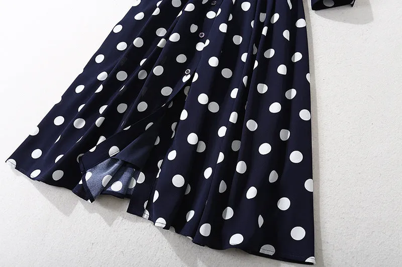 Women's Dark Blue Polka Dot Long Shirt Dress