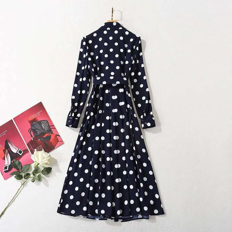 Women's Dark Blue Polka Dot Long Shirt Dress