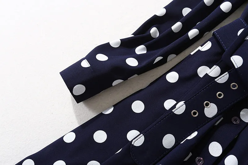 Women's Dark Blue Polka Dot Long Shirt Dress